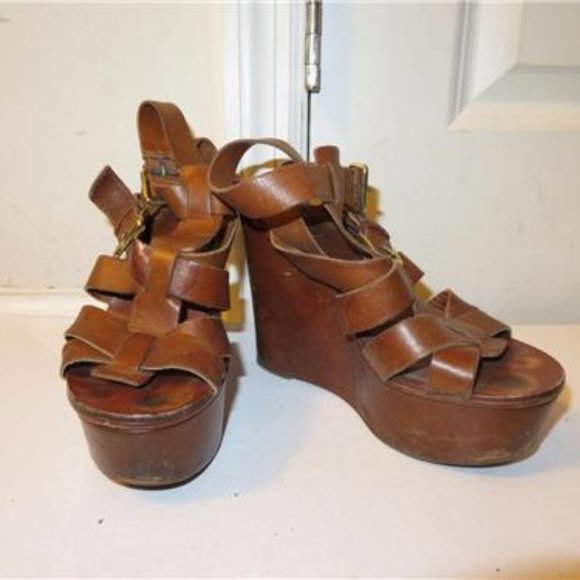 ASH BROWN LEATHER DOUBLE ANKLE BUCKLE SANDAL  35/5 - Picture 1 of 6
